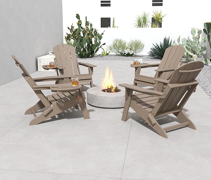 FOOWIN Folding Adjustable Adirondack Chair Set of 2,HDPE Adirondack Chair w/4 in 1 Cup Holder Trays,All-Weather Resistant Fire Pit Chair, Outdoor Chair for Patio Lawn Poolside,400lbs,Brown