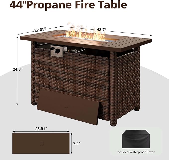 Aoxun 44" Propane Fire Pit with Storage 50,000 BTU Outdoor Wicker Fire Table CSA Certified Patio Rectangular Gas Fire Pit Table with Firepit Lid and Waterproof Cover