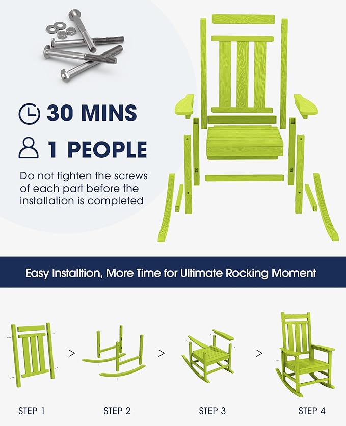 KINGYES Outdoor Rocking Chair, All-Weather Patio Rocking Chairs for Porch, HDPE Rocking Outdoor Chairs with High Back for Adult, Heavy Duty Outdoor Patio Rockers for Garden, Lawn, Apple Green