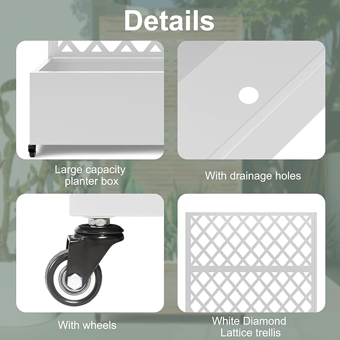 Metal Large Planter Box with Trellis for Climbing Plants Vegetables, Raised Garden Bed with Privacy Screen, 47"L×16"W×71"H Garden Boxes with Wheels & Drainage Hole (White Diamond Lattice)