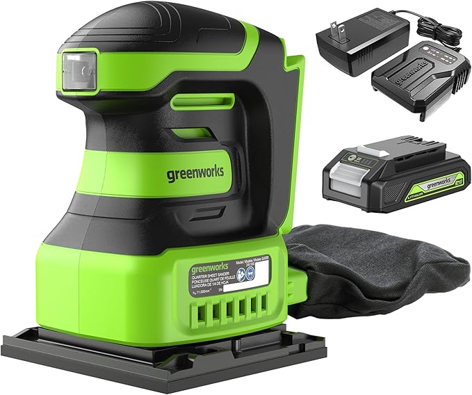 Greenworks 24V Cordless Palm Sander, 1/4 Sheet Sander with Dust Bag, Compact and Lightweight, 11000 OPM, with 2Ah Battery and Charger