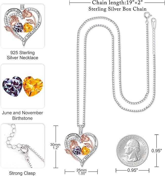 Iefil Christmas Gifts for Women Wife - 925 Sterling Silver Rose Heart Birthstone Necklace Birthday Anniversary Jewelry Gifts for Her Wife Mom Daughter
