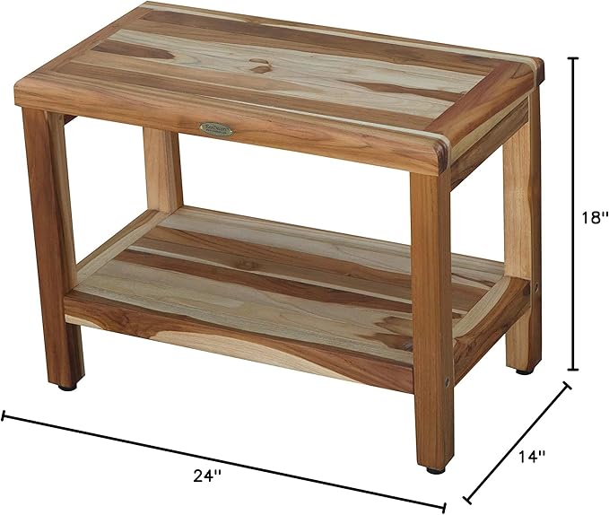 EcoDecors Eleganto 24 Inch Natural Color Waterproof Teak Wood Shower Bench Stool Seat Chair For Inside Shower Provides Safety, Storage, and Organization For Bathroom Accessories