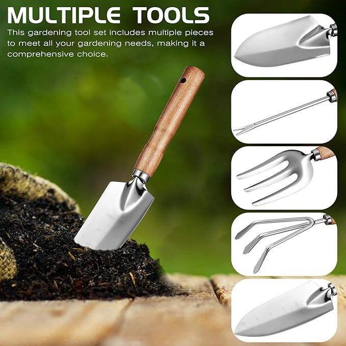 Kisangel Stainless Steel Gardening Tool Set with Ergonomic Ash Handles Multi-Functional Trowel Kit for Digging Planting and Pruning Rust-Resistant Garden Supplies Gift for Women and Adults