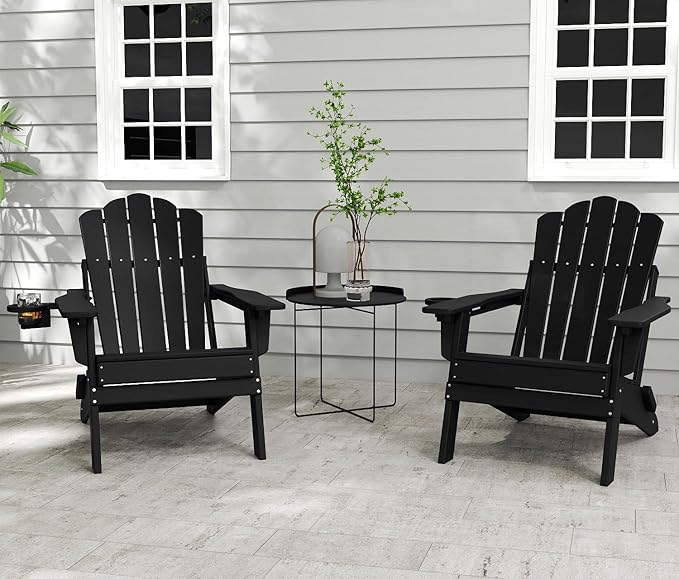 FOOWIN Adjustable Adirondack Chair, Folding Adirondack Chair with Cup Holder, HDPE All-Weather Fire Pit Chair with 3 Recline Positions, Suitable for Patio, Garden, Backyard, Poolside, Black
