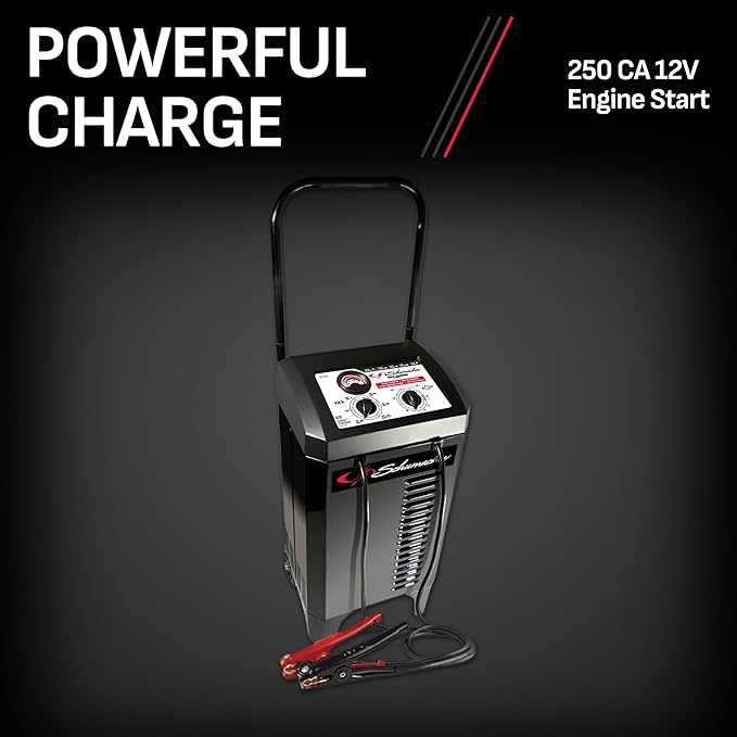 Schumacher Electric Wheeled Manual 10A Car Battery Charger and 250A Engine Starter, 2-in-1 Solution, 50A Boost, for 6V/12V Power Sport, Automotive, and Marine Batteries, SC1445