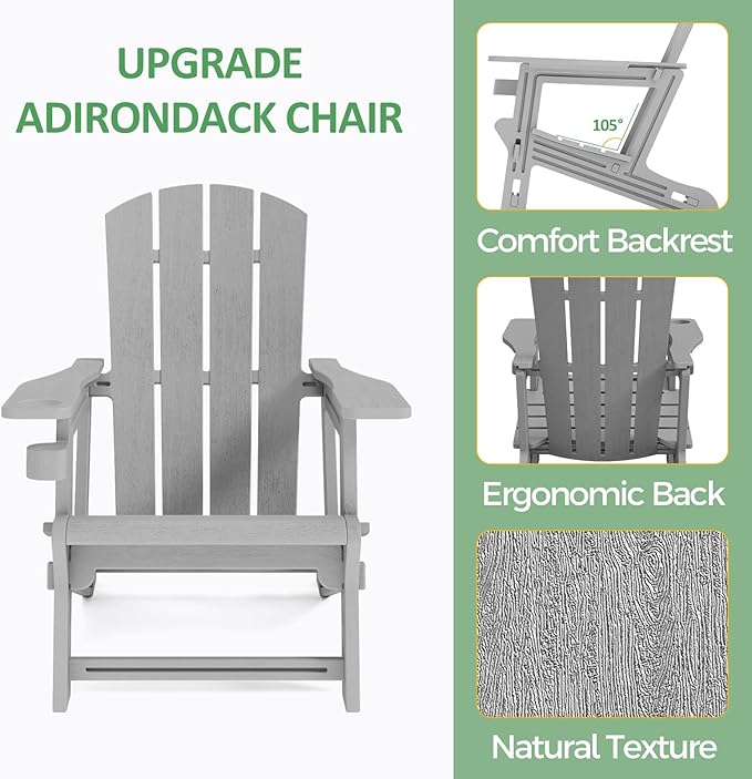 FONTOI Adirondack Chairs Set of 4,Adirondack Chair with Cup Holders,Wooden Textured Plastic Fire Pit Chair,All-Weather Outdoor Patio Chairs for Lawn,Backyard Deck, Porch,400LBS Heavy-Duty，Gray