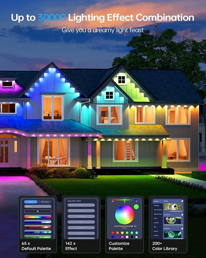 ASAHOM Permanent Outdoor Light Pro S108C, 150FT with 108 RGBCW 70lm LED, WLED Integration, AI Lighting, 30000 Lighting Effect Combination, IP67 Waterproof for Christmas New Year Daily Decor, White