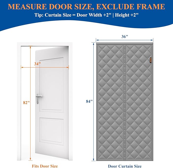 MAGZO Magnetic Thermal Insulated Door Curtain, Fits Door Size 34" x 82", Upgraded Oxford Material Filled with Thicken Cotton, Weatherproof Insulation Cover Blanket for Winter, Block Cold Air Out, Grey