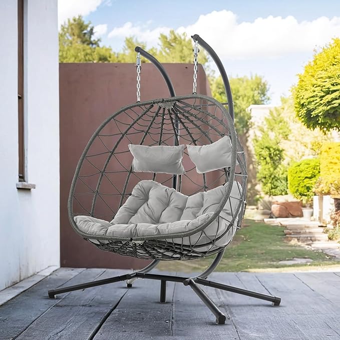 Double Egg Swing Chair with Stand, 2 Person Outdoor Indoor Hammock Hanging Chair with Cushion,Patio Wicker Hanging Egg Chair w/Cushion 700LBS Capacity for Bedroom, Balcony, Garden