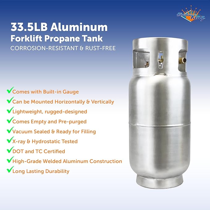 Flame King 33.5lb Aluminum Forklift Propane Tank with Gauge, DOT and TC Compliant, Lightweight, Rugged-Designed