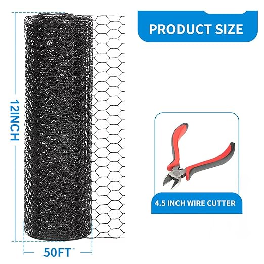 1/2 Inch Black Wire Mesh Roll - 12'' x 50' Chicken Wire Fence, 21 Gauge Hardware Cloth Poultry Netting for Garden/Animal Barrier/Rabbit/Floral/Chicken Coop/DIY Projects