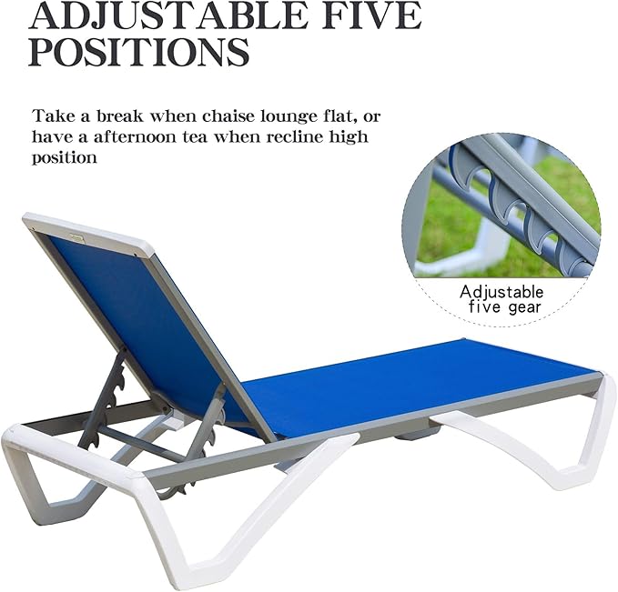 Domi Set of 4 Pool Lounge Chairs Aluminum Adjustable Outdoor Chaise Lounge,All Weather Plastic Poolside Lounge Chairs for Deck Lawn Backyard, Blue Textilene