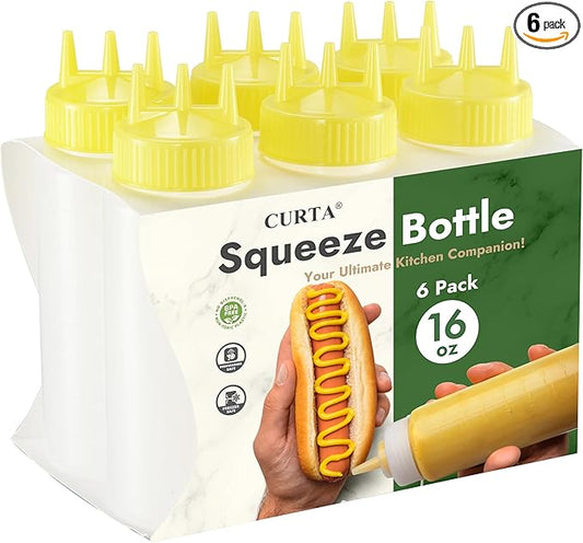 CURTA 6-Pack 16 oz Clear Squeeze Bottle with 3 Open Tips, BPA-Free Easy-to-Squeeze Plastic Condiment Dispenser with oz & ml Markings for Sauce, Oil, Dressing, Dishwasher Safe, Yellow