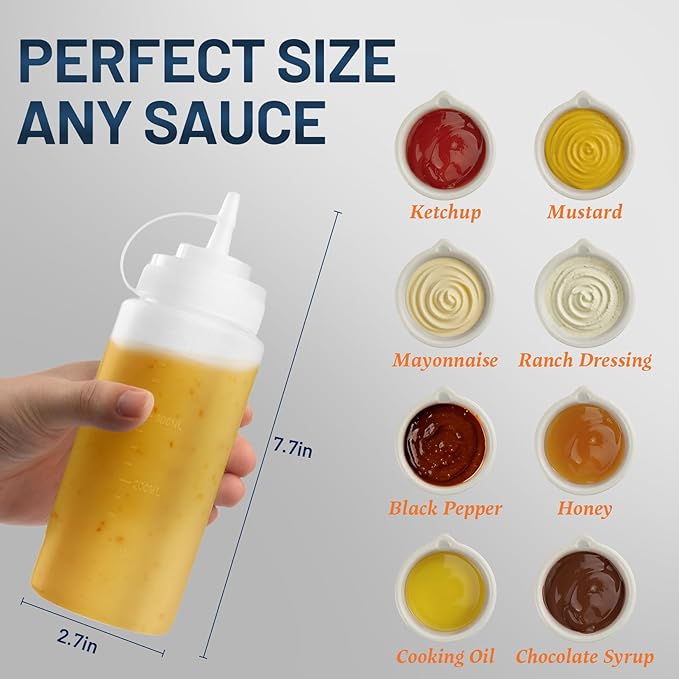 16 oz Condiment Squeeze Bottles, Squirt Bottles for Sauces, Ketchup, Plastic Squeeze Bottle for Liquids, Leak Proof, Dressing Bottle for Syrup, Pancake Batter, oil, Arts and Crafts, Pack of 6