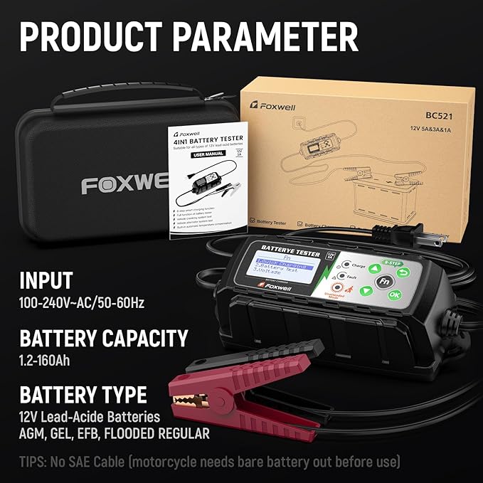 5A 12V Battery Charger, Tester & Analyzer, Trickle Charger & Desulfator, FOXWELL BC521 4-in-1 Smart Maintainer with Cranking & Alternator Test, 8-Stage Charging, Pulse Repair for Car, RV, Motorcycle
