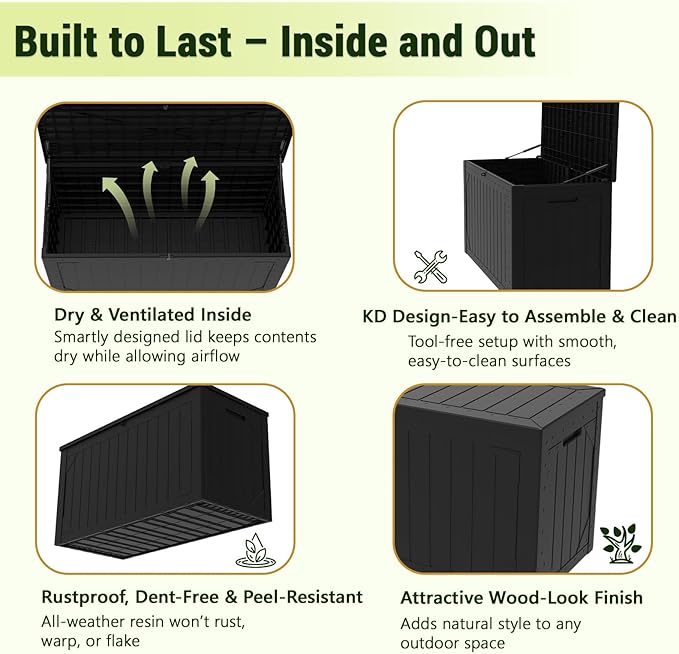 Outdoor Storage Box, 48”×22“-Deck Box Outdoor Storage Bench Outside Waterproof Resin Storage Bench, Lockable Patio Cushions, Garden Tools Storage For Furniture, UV Resistant(Black)