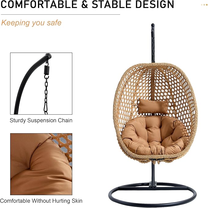 Hanging Egg Chair with Stand, Egg Swing Chair with Stand Indoor Outdoor, Yellow Basket Wicker Swing Egg Chair, Hammock Chair with Stable Round Metal Base and Comfortable Cushion for Patio Bedroom