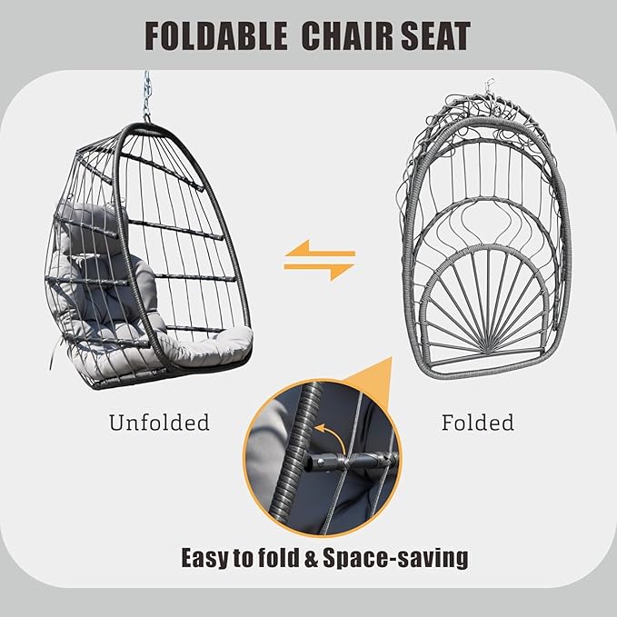 Classic Egg Hammock Chair with Stand, Weather-Resistant PE Rattan & Steel Frame, Indoor/Outdoor Hanging Chair for Patio, Garden, Living Room - Cushioned Seat & Headrest (Light Grey)