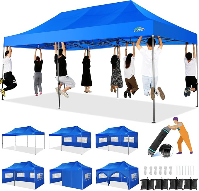 COBIZI 10x20 Heavy Duty Pop up Canopy Tent with 6 sidewalls Easy Up Commercial Outdoor Wedding Party Tents for Parties All Season Wind & Waterproof Gazebo with Roller Bag, Blue(Frame Thickened)