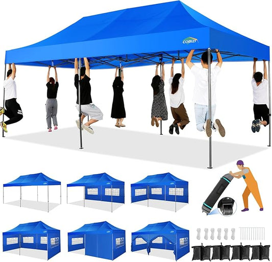 COBIZI 10x20 Heavy Duty Pop up Canopy Tent with 6 sidewalls Easy Up Commercial Outdoor Wedding Party Tents for Parties All Season Wind & Waterproof Gazebo with Roller Bag, Blue(Frame Thickened)