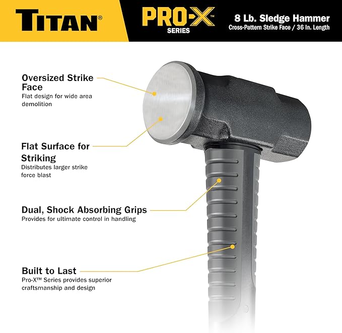 Titan Pro-X 63018 8lb Sledge Hammer, Dual-Face Sledge with Cross-Pattern Face for Concentrated Power & Flat Face for Stake Driving, Overstrike Protection, 36" Fiberglass Handle with Textured Grip
