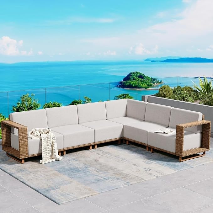 L Shaped Patio Furniture,Outdoor Rattan Wicker Sectional Sofa with 10''Ultra-Thick Cushions,All Weather Patio Conversation Set for Lawn Garden Backyard,Beig