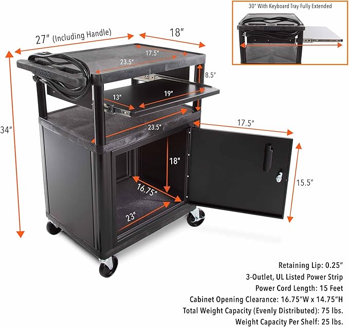 Line Leader Plastic AV Cart with Keyboard Tray and Locking Metal Cabinet, Heavy Duty Mobile Workstation with 4 Rolling Casters, 2 Locking Brakes, Heavy Duty, Holds up to 100 lbs (34 Inch w Cabinet)