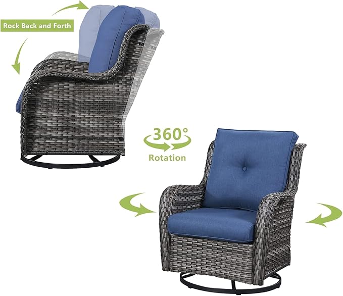 HUMMUH 8pcs Patio Furniture Set Outdoor Swivel Rocker Wicker Patio Chairs,Outdoor Couch with Coffee Table and Ottomans(Grey,Blue)