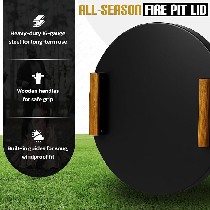 FEBTECH - Smokeless Fire Pit Accessories Combo – 17" Carbon Steel Base, 20" Lid with 2 Wooden Handles – Bonfire Fireplace Tools for Camping, Patio, Backyard - Solo Stove Accessories