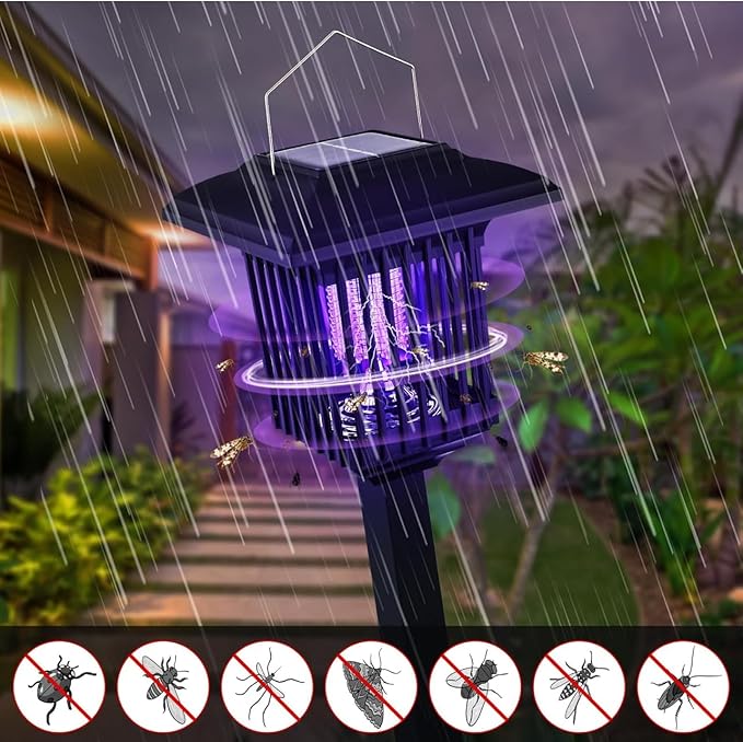 New & Improved 2 Pack Solar Powered Zapper- Enhanced Outdoor Flying Insect Killer- Hang or Stake in The Ground- Cordless Garden Lamp- Portable LED Machine- Best Stinger for Mosquitoes/Moths/Flies (2)