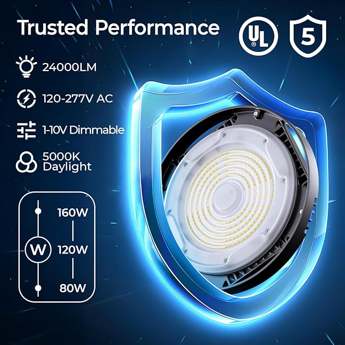 CINOTON UFO LED High Bay Light, 160W/120W/80W Switchable, AC100-277V LED Shop Lights with US Plug, 24000LM Dimmable 0-10V Commercial Bay Lighting for Garage Workshop 5000K Daylight-UL Listed, 4 Pack