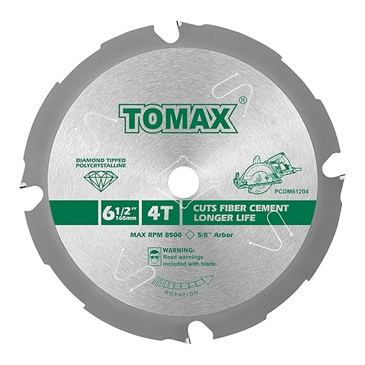 TOMAX PCDM61204 6-1/2 Inch 4 Tooth Polycrystalline Diamond Tipped (PCD) Hardie Fiber Cement Saw Blade with 5/8-Inch DMK Arbor