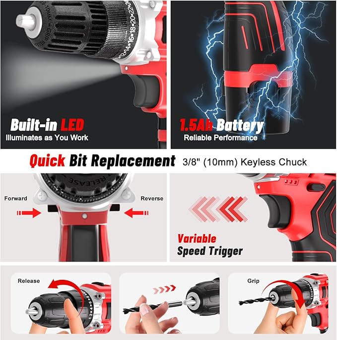 GardenJoy Cordless Power Drill Set: 12V Electric Drill with Battery and Charger, 34pcs Acessories, 3/8"Keyless Chuck, 2 Variable Speed, 24+1 Position, Compact Drill Driver Kit for Home & DIY Project