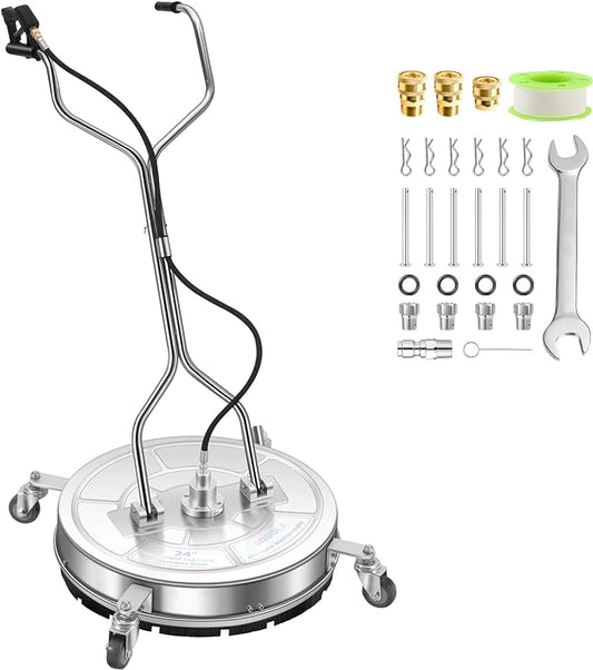 24" Pressure Washer Surface Cleaner with 4 Wheels - Stainless Steel Dual Handle Surface Cleaner for Pressure Washer Attachment for Concrete, Patio, Sidewalk, Deck and Driveways - PWS 24