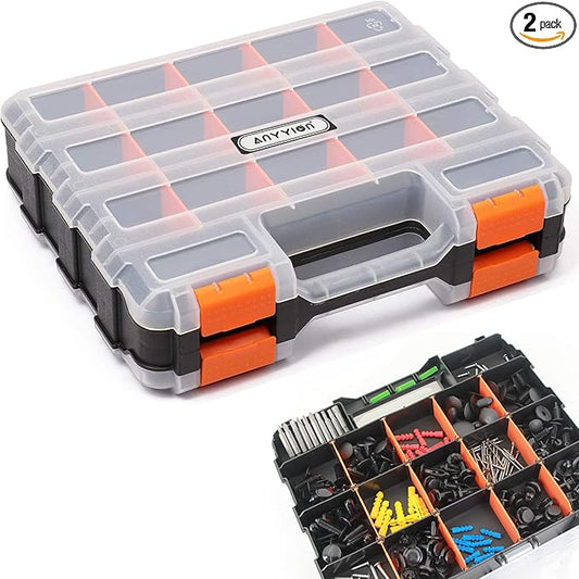 Anyyion Small Parts Organizer, 34-Compartments Double Side parts organizer with Removable Dividers for Hardware, Screws, Bolts, Nails, Beads, Jewelry. (2 Pcs, Orange)
