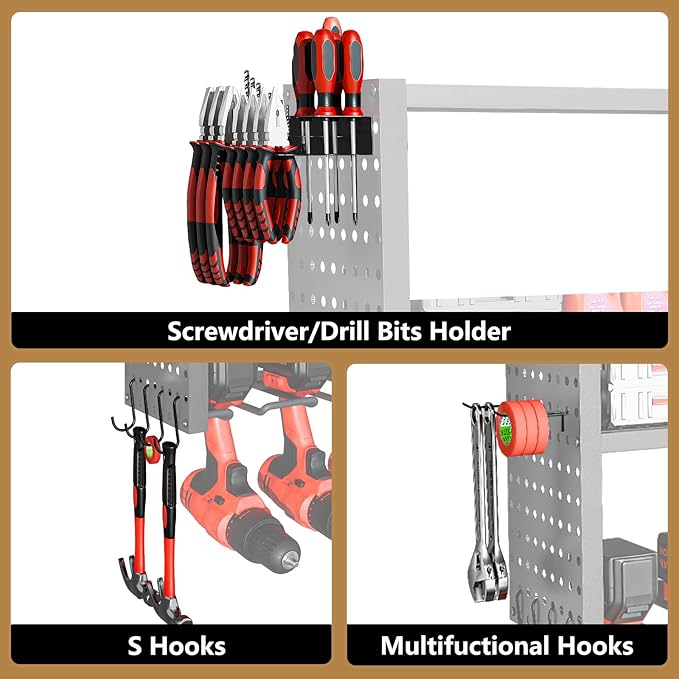 Power Tool Organizer Wall Mount, 4 Layer Heavy Duty Garage organizer Loads 280lbs, Tool Organizers with 8 Drill Hanger, Battery Tools Holder Garage Storage Organization for Workbench, Pegboard, Shed