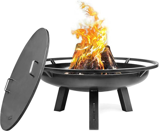 Ember 24" Handcrafted Cooking Fire Pit with Cover Lid Attachment for Wood Burning Fireplace for Backyard Grilling Campfire for Camping, Medium Outdoor Medium Steel Firepit by Good Directions