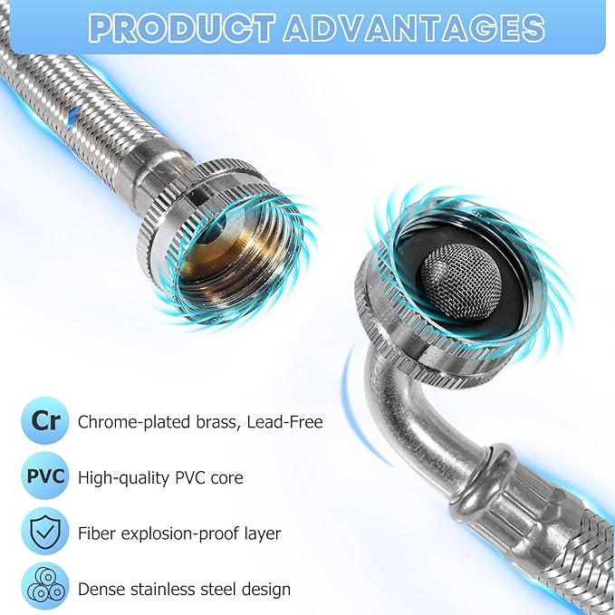 12 FT Washing Machine Hoses 2 Pack - 3/4" NPT Standard Interface, 90 Degree Elbow Stainless Steel Burst Proof Washer Water Supply Line, Universal Fit Easy & Secure Tightening