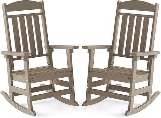 FOOWIN Outdoor Rocking Chair Set of 2, High Back Patio Rocking Chair, HDPE All Weather Resistant Porch Rocker for Adult, Oversized Rocking Chairs for Garden, Lawn, Indoor & Outdoor Use, Brown