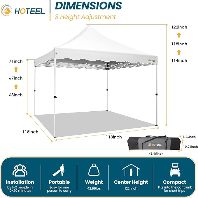 HOTEEL 10x10 Pop Up Canopy, Easy Setup Party Tent with Carry Bag, Weight Bag, Outdoor Portable Event Shelter for Backyard, Market, White