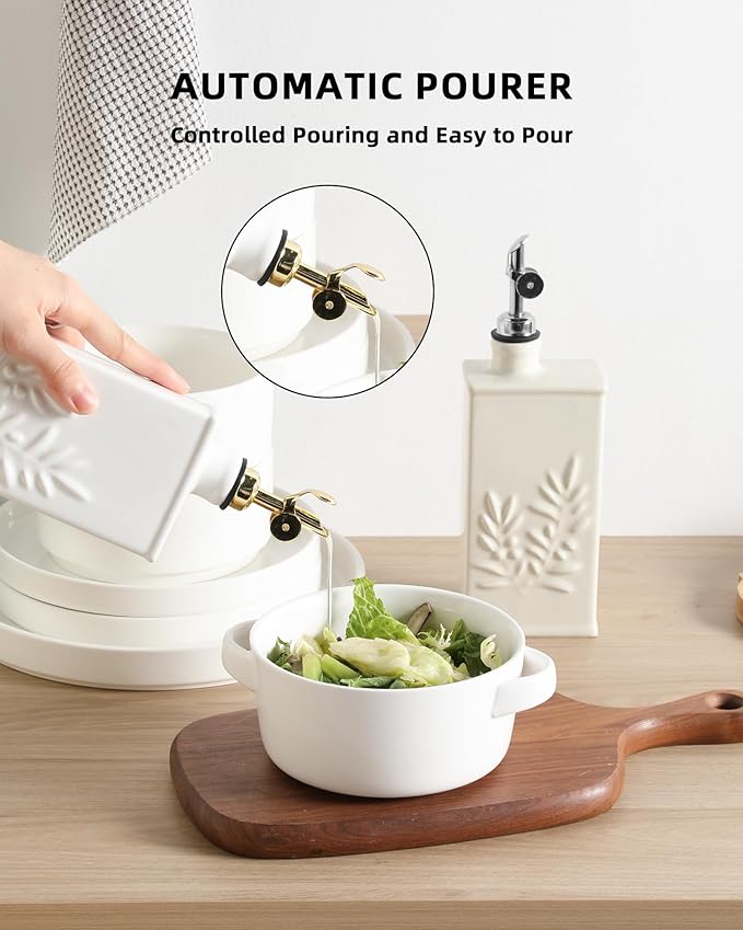 Sweejar Ceramic Olive Oil Dispenser Bottle for Kitchen, 17 Oz Relief Opaque Oil and Vinegar Dispenser Bottle with Spout, Suitable for Soy Sauce, Coffee Syrup, Liquids (Beige)
