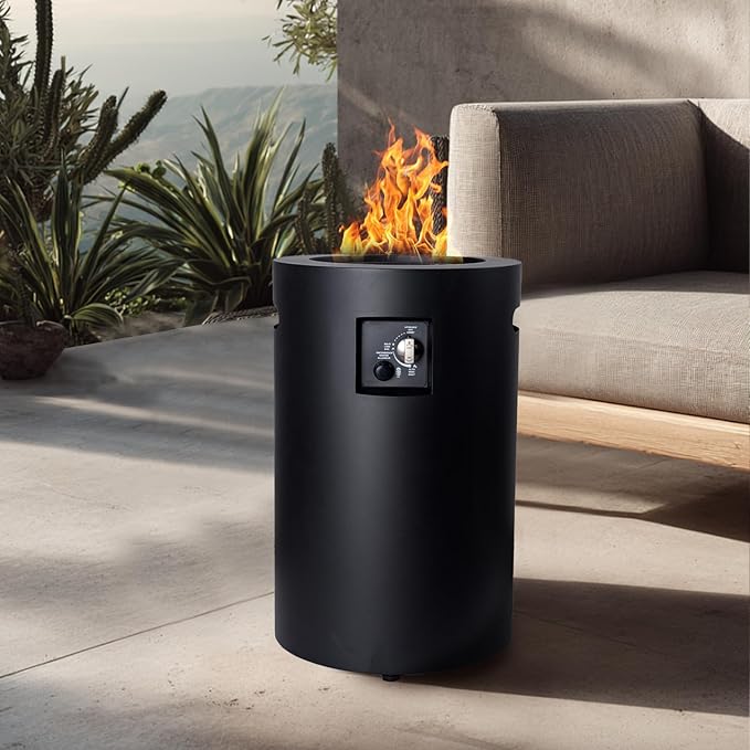Propane Fire Pit Outside, 17 inch Gas Fire Pit Round, 50,000 BTU Fire Column for Outside Patio, Garden, Backyard, Black
