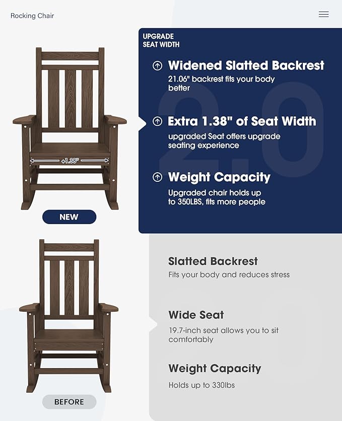 KINGYES Oversized Outdoor Rocking Chair Set of 4, All-Weather Patio Rocking Chairs for Porch, HDPE Outdoor Patio Rockers with High Back & Wide Seat for Garden, Lawn, Brown