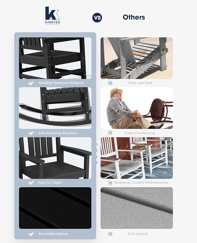 KINGYES Oversized Outdoor Rocking Chair Set of 2, HDPE Patio Rocking Chair, All Weather Porch Rocker, Black