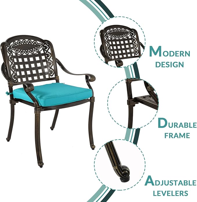 MEETWARM 3 Piece Patio Bistro Set, Outdoor All-Weather Cast Aluminum Dining Furniture Set Includes 2 Chairs with Cushions and a 31” Round Table with Umbrella Hole for Garden Deck, Ocean Blue