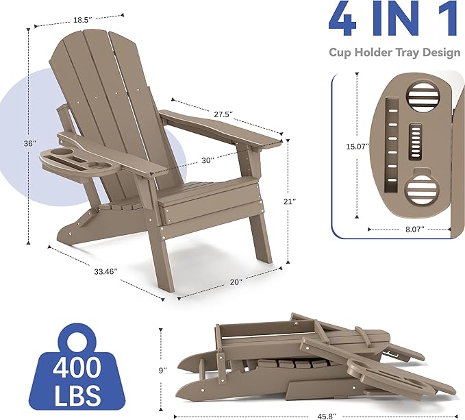 FOOWIN Folding Adjustable Adirondack Chair Set of 6,HDPE Adirondack Chair w/4 in 1 Cup Holder Trays,All-Weather Resistant Fire Pit Chair, Outdoor Chair for Patio Lawn Poolside,400lbs,Brown