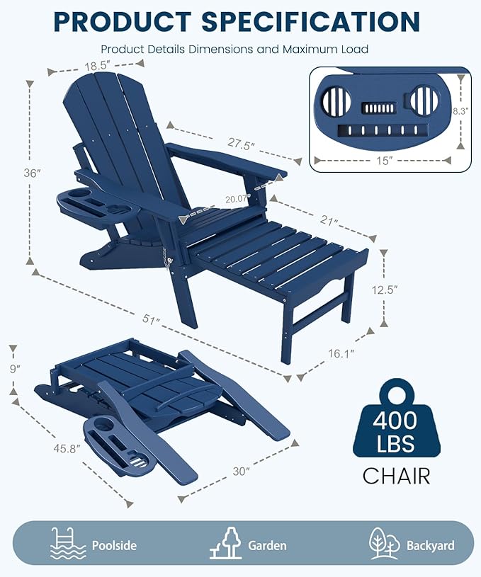 FOOWIN Folding Adjustable Adirondack Chair with Retractable Ottoman Set of 8, HDPE Adirondack Chair w/4 in 1 Cup Holder Trays,All-Weather Resistant Fire Pit Chair for Outdoor Patio Lawn, Navy Blue