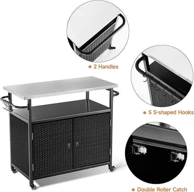 Outdoor Storage Cabinet, Rattan Patio Bar Tables with Wheels, Kitchen Island Cart with Stainless Steel Top for BBQ, Patio, Backyard