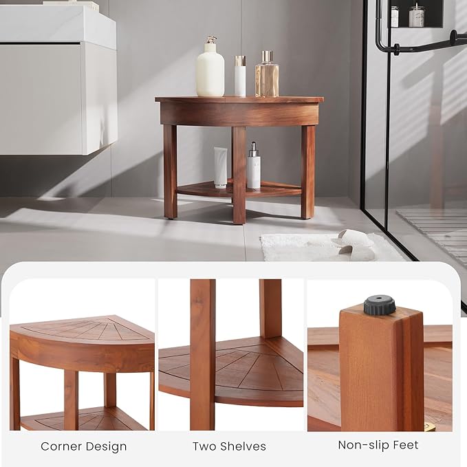 EROMMY 18.3" Flip-Top Corner Shower Stool for Inside Shower, Teak Corner Shower Bench with Storage Cabinet, Shower Foot Rest for Shaving Legs, Small Bench for Bathroom to Sit on Bath Seat